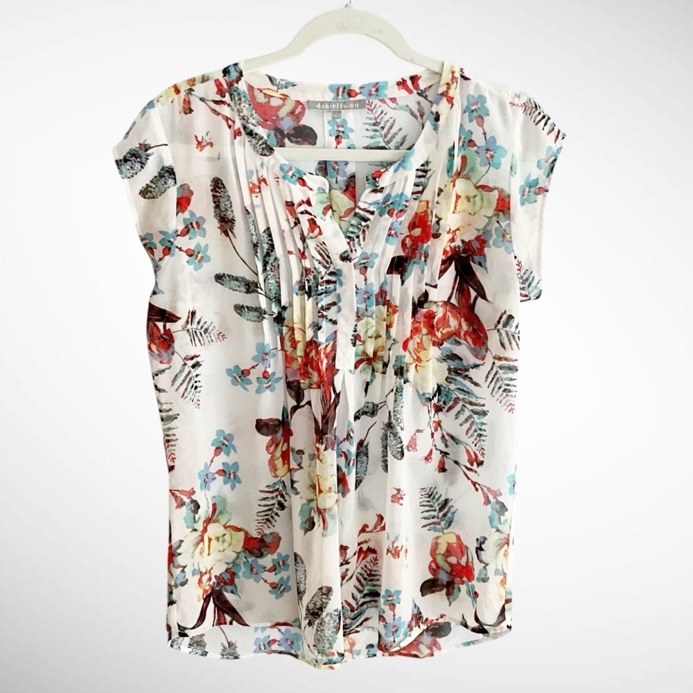 Daniel Rainn Sheer Floral Cap-Sleeve Blouse